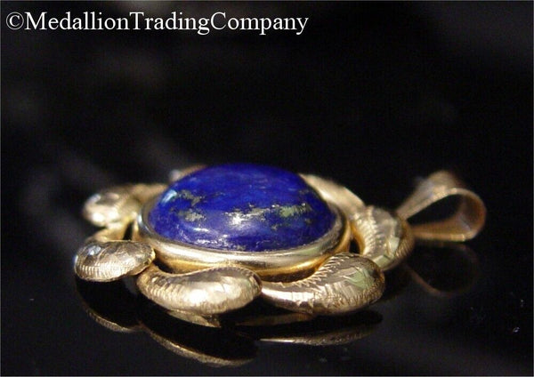 Large 18k Yellow Gold Lapis Cabochon Coin Swirl Pendant 1.35 Inch Long 27mm Wide