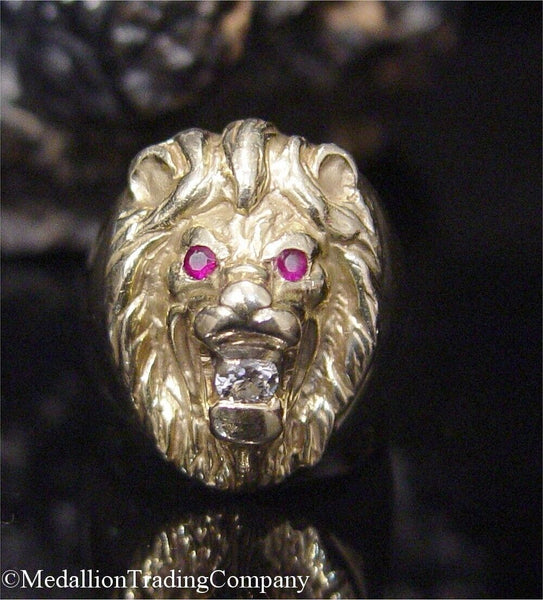 14k Yellow Gold .20 Carat Diamond Ruby Lion Big Cat Head Figural Ring 18.9 gram