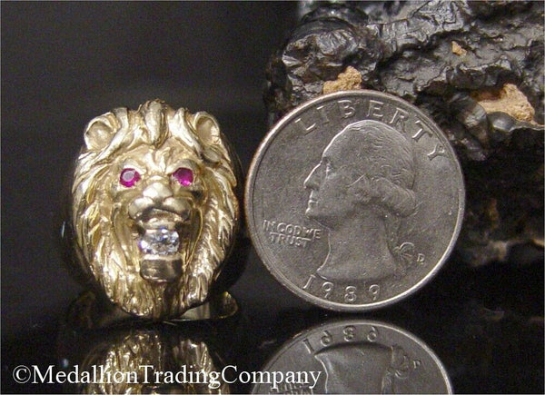 14k Yellow Gold .20 Carat Diamond Ruby Lion Big Cat Head Figural Ring 18.9 gram