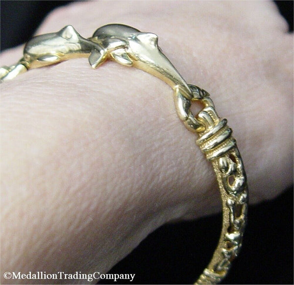 14k Yellow Gold Vintage Dazzlers Dolphin Coral Bangle Link Bracelet 21+ grams