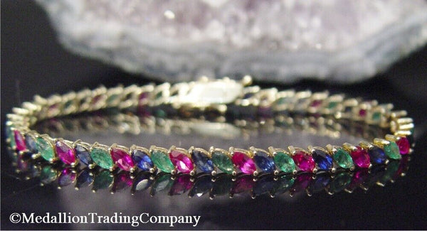 14k Yellow Gold 5.2 Carat Marquise Ruby Sapphire Emerald Tennis Line Bracelet