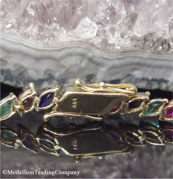 14k Yellow Gold 5.2 Carat Marquise Ruby Sapphire Emerald Tennis Line Bracelet