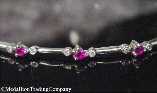 14k White Gold Natural Pink Sapphire Bezel Diamond Line Bar Tennis Bracelet 7 In
