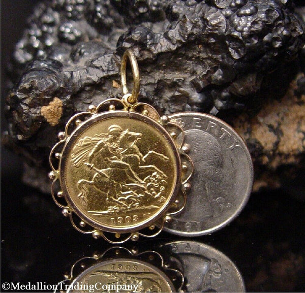 22k 1903 King Edward VII Full Gold Sovereign St. George Dragon Coin 14k Pendant