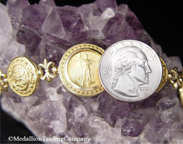 14k 22k Gold 2007 Liberty American Eagle $5 Coin Etruscan Fleur di Lis Bracelet