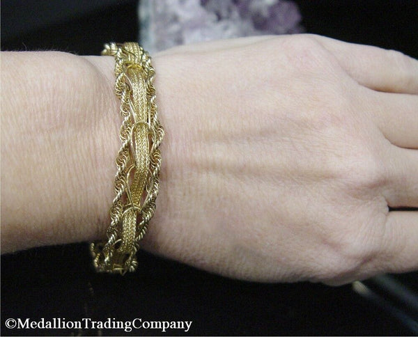 14k Yellow Gold .70 Inch Wide Vintage Mesh Ribbon Rope Charm Bracelet 16 Grams