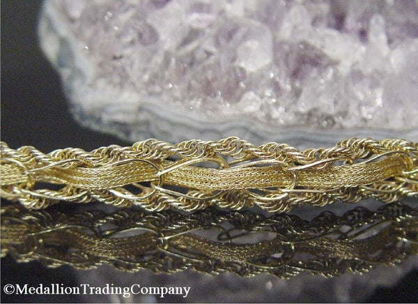 14k Yellow Gold .70 Inch Wide Vintage Mesh Ribbon Rope Charm Bracelet 16 Grams