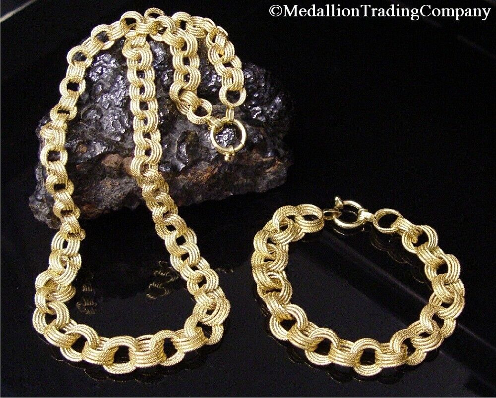 14k Yellow Gold Textured Ring Triple Rolo Necklace Bracelet Matching Set 18.8 g