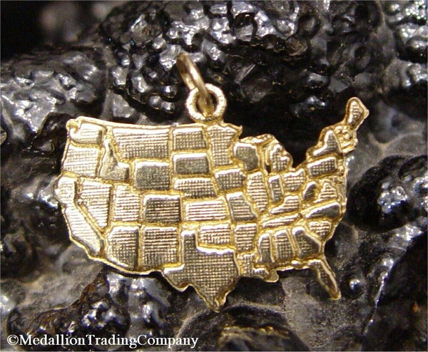 14k Solid Yellow Gold 48 Contiguous United States Map Pendant Charm