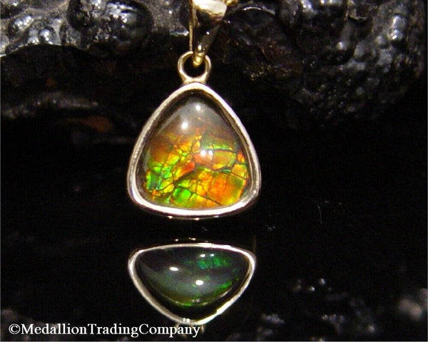 18k Solid Yellow Gold Colorful Canadian Ammolite Triangle Necklace Pendant