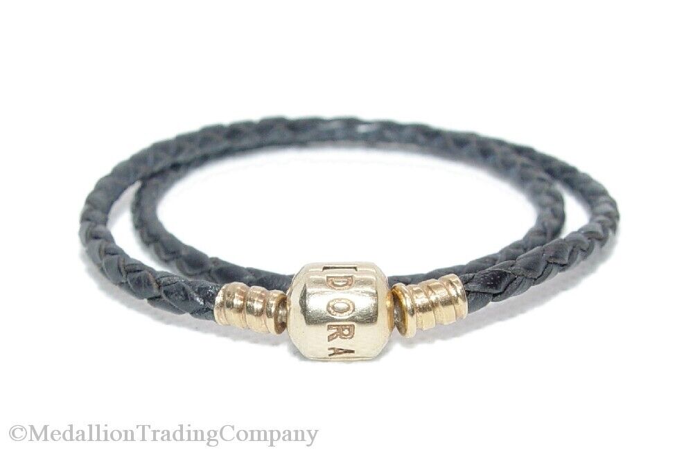 Authentic 14k Gold Pandora Black Braided Double Wrap Leather Bracelet 14 Inches