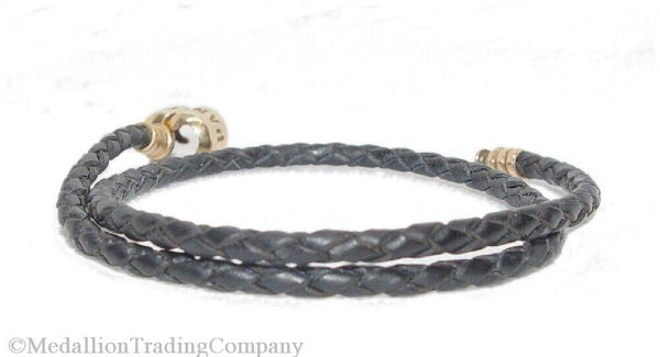 Authentic 14k Gold Pandora Black Braided Double Wrap Leather Bracelet 14 Inches