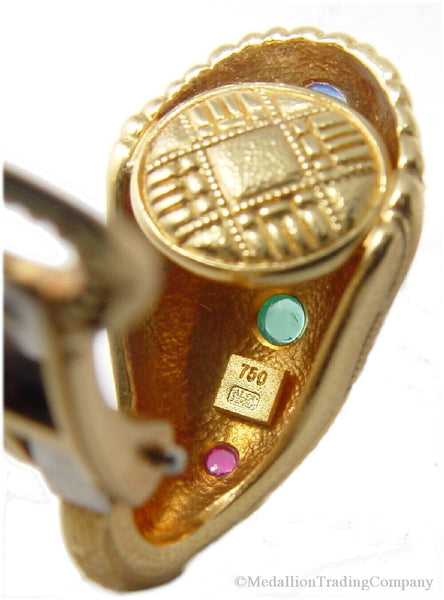 Vintage 18k Yellow Gold Alex Sepkus Emerald Sapphire Ruby Hoop Clip Earrings