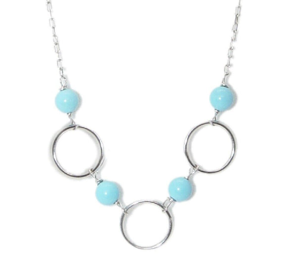 18k White Gold Persian Turquoise Bead Oval Circle Cable Chain 17" Layer Necklace