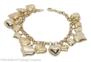 14K Yellow Gold Milor Puffy 3D Dangle Heart Charm Rolo Link Bracelet  7.25 Inch