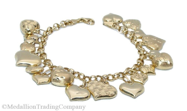 14K Yellow Gold Milor Puffy 3D Dangle Heart Charm Rolo Link Bracelet  7.25 Inch