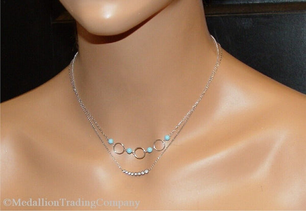 18k White Gold Persian Turquoise Bead Oval Circle Cable Chain 17" Layer Necklace