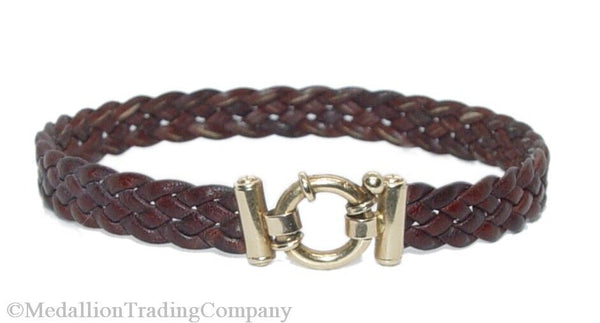 Milor 14k Yellow Gold 7mm Wide Brown Braided Leather Bracelet 7 Inches