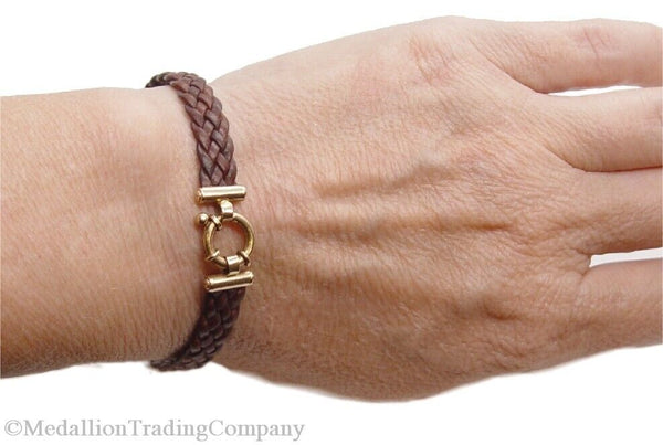 Milor 14k Yellow Gold 7mm Wide Brown Braided Leather Bracelet 7 Inches