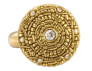 Big 18k Gold Alex Sepkus Diamond 18mm Disk Shield Button Ring Size 9.5