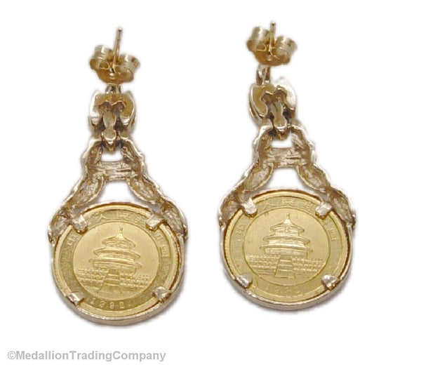 14k Yellow Gold 1992 Panda Bamboo Chinese 5 Yuan (20) 1/20 oz 24k Coin Earrings