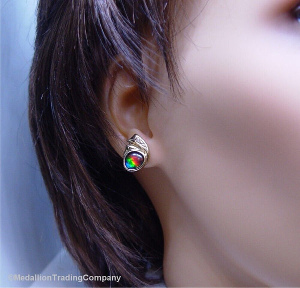 14k Yellow Gold A Grade Ammolite Gemstone and Diamond Earrings by Korite