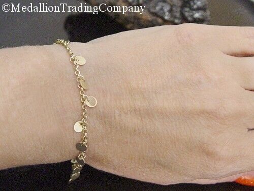 14K Yellow Gold Dangle Circle Disk Charms Rolo Layer Bracelet 7 Inch