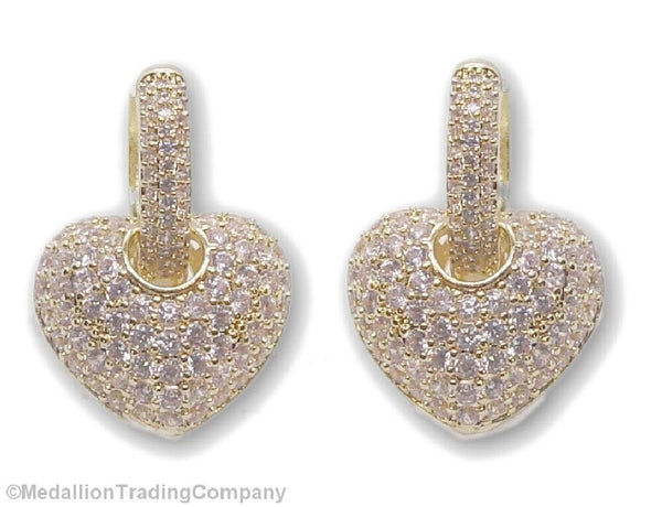 Designer 14k Gold Plated Pave' CZ Removeable 3D Heart Charm Huggie Hoop Earrings