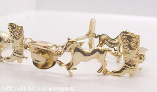 14K Yellow Gold Cowboy Hat Boot Horse Rodeo Cowgirl Charm Link Bracelet Cir 1993