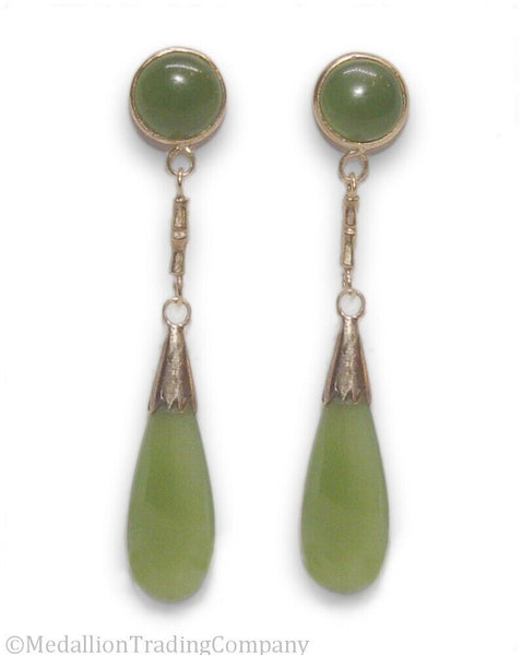 14k Yellow Gold Green Apple Jade Bamboo Drop Earrings c1940's 1.7 Inches long