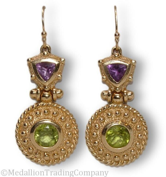 14k Yellow Gold Green Purple Etruscan Byzantine Peridot Amethyst Hook Earrings