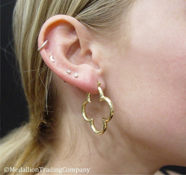 14k Yellow Gold 1.45 inch LV Style Alhambra Flower Hoop Earrings