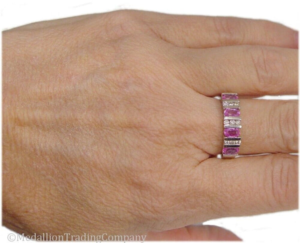 14k White Gold Pink Sapphire Diamond Channel Set Half Eternity Ring Size 5.5