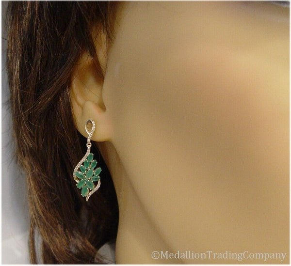 14k Yellow Gold 1.5 Carat Micro Pave Diamond Emerald Cluster Drop Earrings