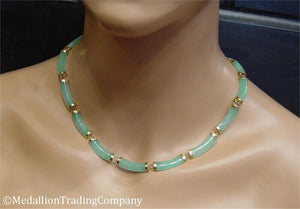 14k Gold Icy Green Translucent Jadeite Segment Bar Link Necklace Longevity Clasp