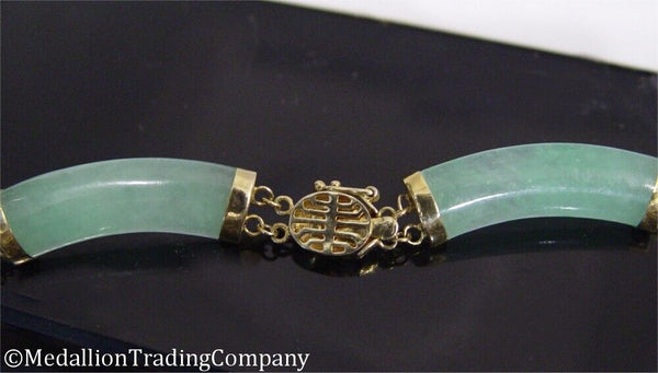14k Gold Icy Green Translucent Jadeite Segment Bar Link Necklace Longevity Clasp