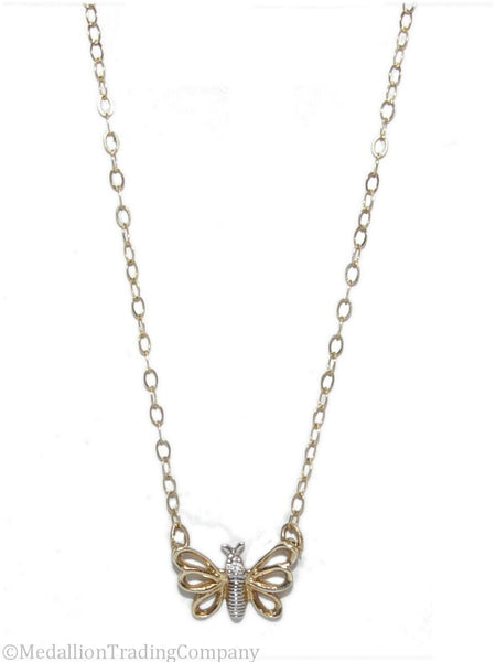 14k Yellow White Gold Diamond Butterfly Pendant 17" Rolo Chain Necklace