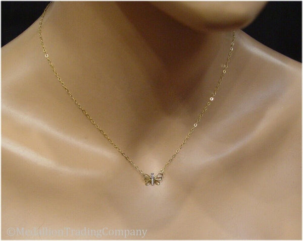 14k Yellow White Gold Diamond Butterfly Pendant 17" Rolo Chain Necklace