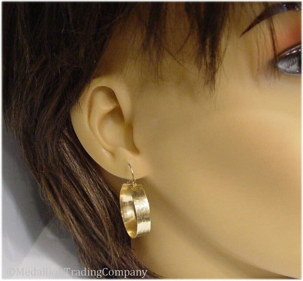 14k Yellow Gold 6.5mm Wide Hammered Flat Edge Wire Hoops Hook Hoop Earrings