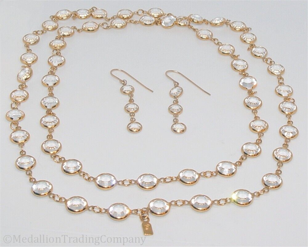 Swarovski Swan Tag Clear Bezel Crystal 36" Strand Necklace Dangle Earrings Set