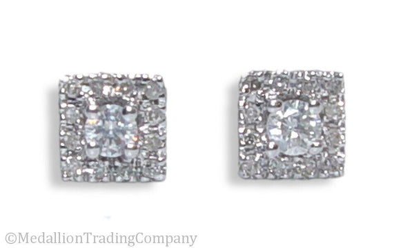 14k White Gold .22 Carat Diamond Square Halo Cluster Earrings