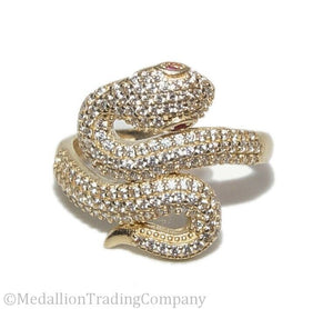14k Yellow Gold Pave' Encrusted Diamond & Ruby Eyes Snake Ring Serpent Wrap Band