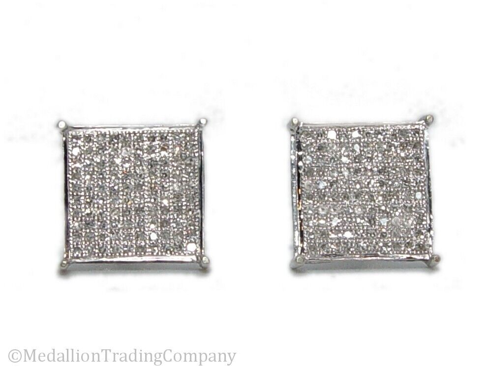 14k White Gold 1 Carat Diamond Micro Pave Square Glittery Set Cluster Earrings