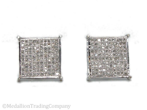 14k White Gold 1 Carat Diamond Micro Pave Square Glittery Set Cluster Earrings