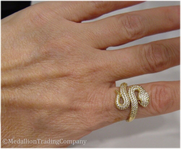 14k Yellow Gold Pave' Encrusted Diamond & Ruby Eyes Snake Ring Serpent Wrap Band