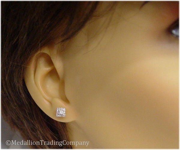 14k White Gold .22 Carat Diamond Square Halo Cluster Earrings