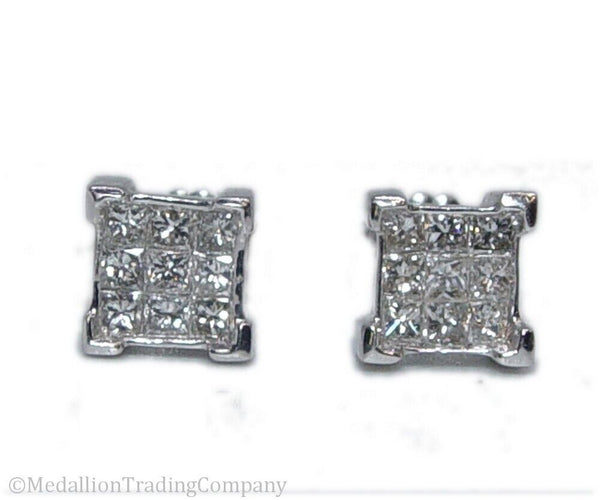 14k White Gold 1.08 Carat Diamond Princess Square Invisible Set Cluster Earrings