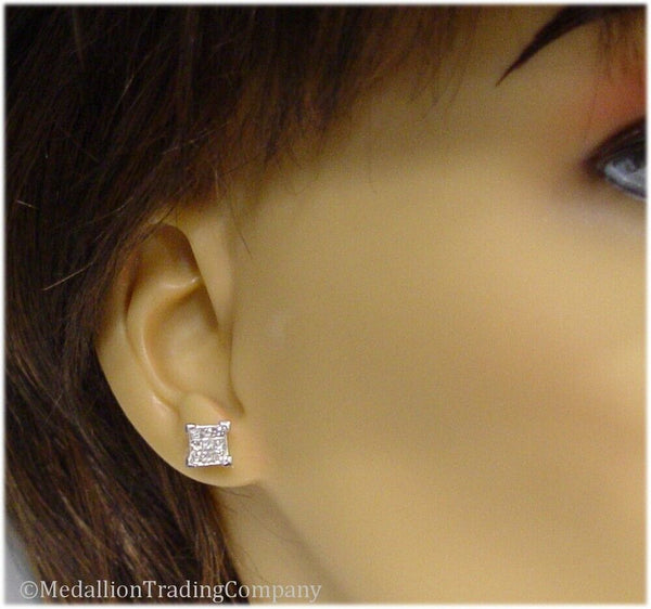14k White Gold 1.08 Carat Diamond Princess Square Invisible Set Cluster Earrings