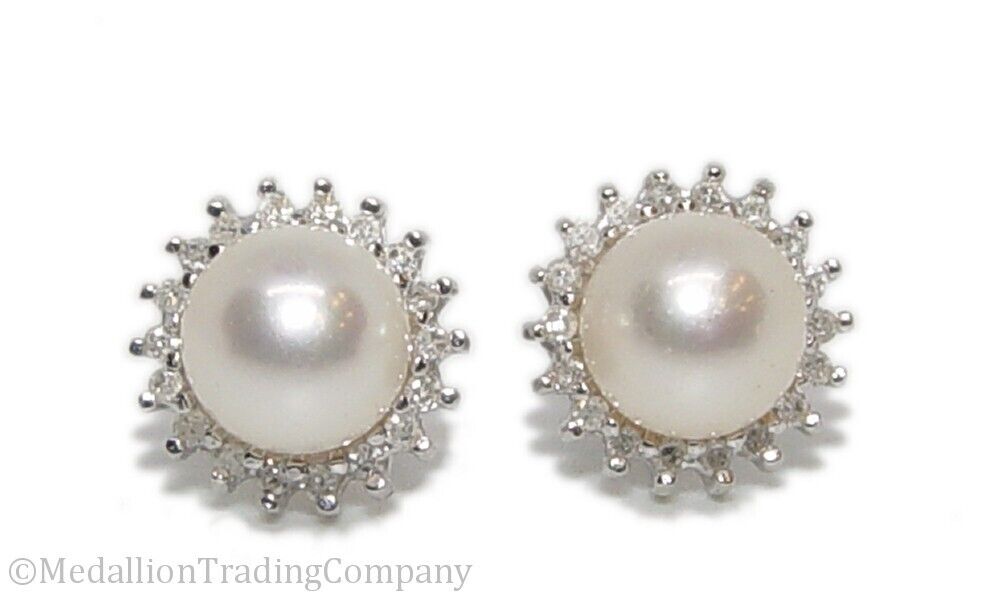 14k White Gold .36 Carat Diamond Button Mabe Pearl Halo Earrings 11.5mm Wide