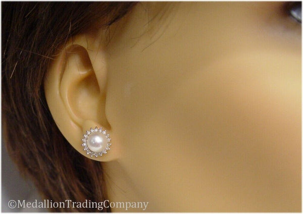 14k White Gold .36 Carat Diamond Button Mabe Pearl Halo Earrings 11.5mm Wide